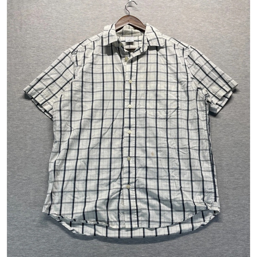 Old Navy Button Up Shirt Men Medium White Black Windowpane Plaid Cotton Everyday